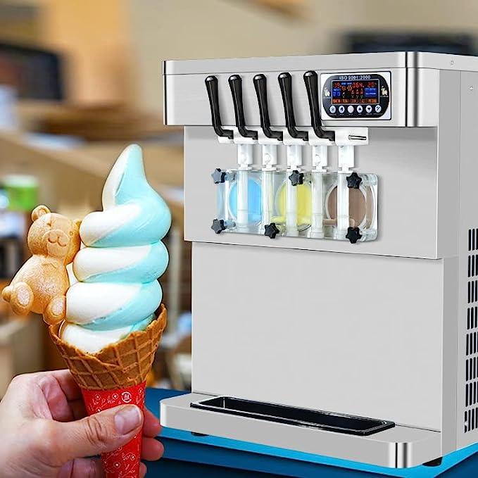 5 Mixed Flavors Soft Softy Frozen Yogurt Serve Ice Cream Machine Maker Upper Tanks Refrigerated and Transparent Dispenser Set