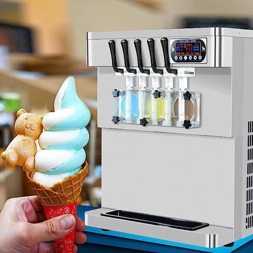 5 Mixed Flavors Soft Softy Frozen Yogurt Serve Ice Cream Machine Maker Upper Tanks Refrigerated and Transparent Dispenser Set