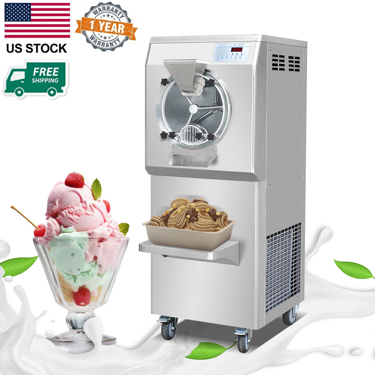 Gelato Machine Batch Freezer Hard Ice Cream Machine, 48 L H, ETL
