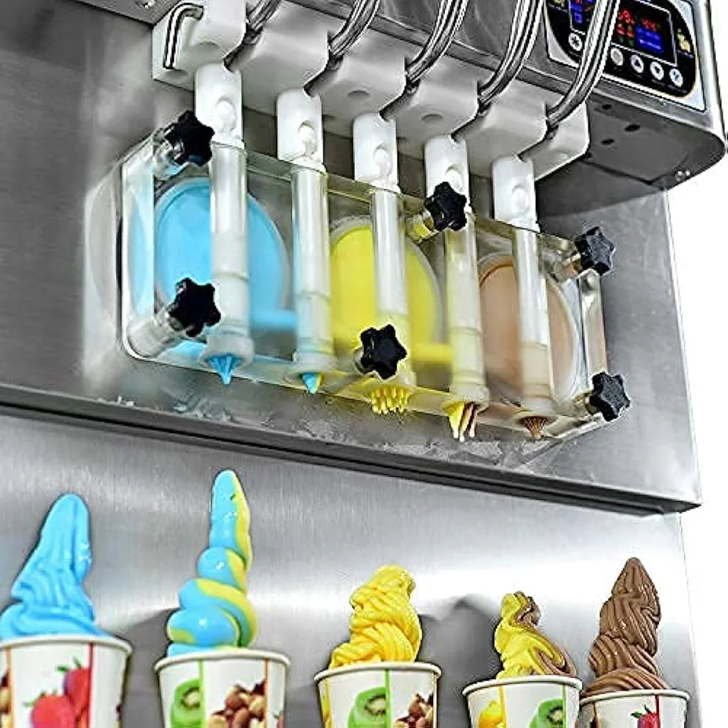 5 Mixed Flavors Soft Softy Frozen Yogurt Serve Ice Cream Machine Maker Upper Tanks Refrigerated and Transparent Dispenser Set