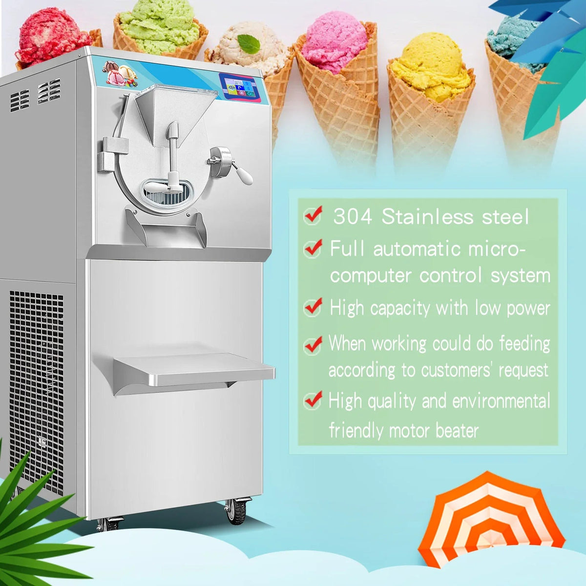 Gelato Machine Batch Freezer Hard Ice Cream Machine, ICM minus 48S, 125 L H, ETL