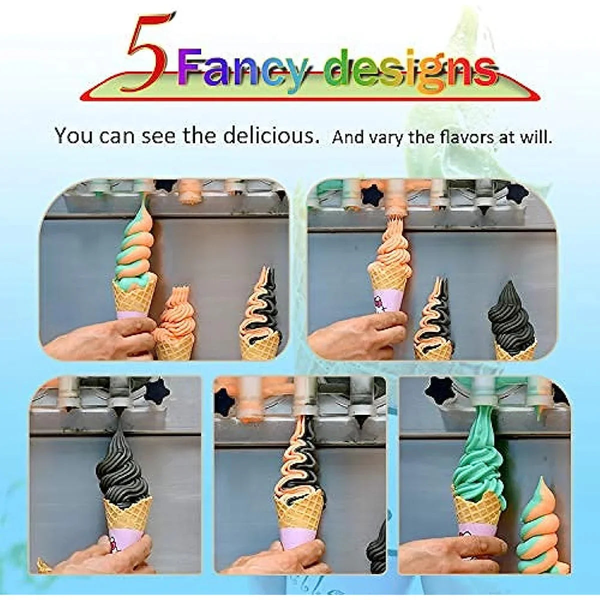 5 Mixed Flavors Soft Softy Frozen Yogurt Serve Ice Cream Machine Maker Upper Tanks Refrigerated and Transparent Dispenser Set