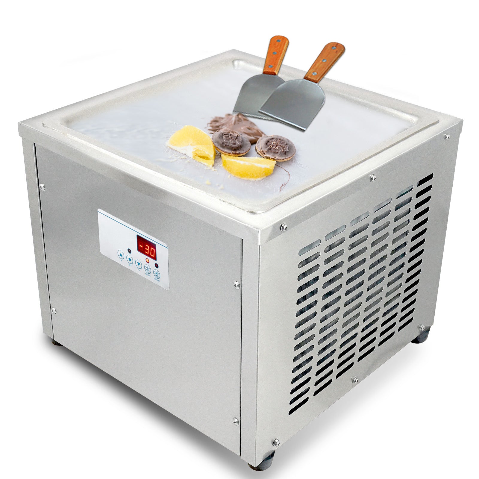 Countertop 18X18 inches single square pan fried fry rolled instant ice cream machine AUTO DEFROST and PCB smart AI temp. controller