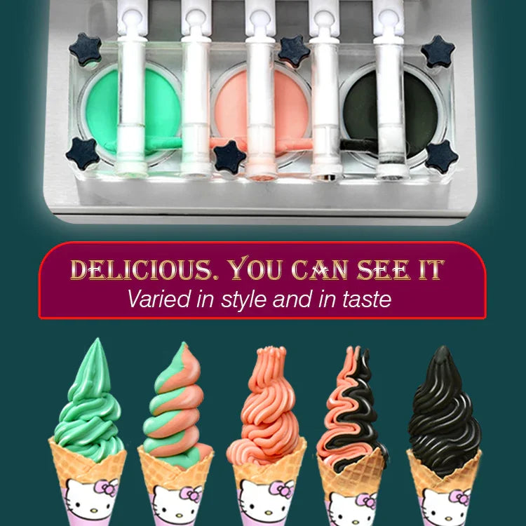 5 noozles ETL CE soft serve ice cream machine-auto counting, auto washing,upper tanks refrigerated, transparent dispenser