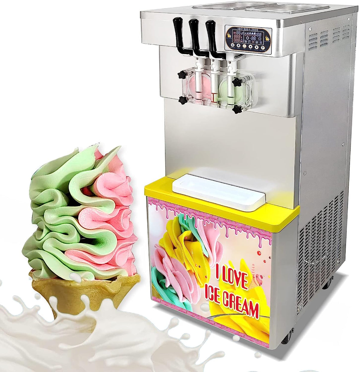 Soft Serve Ice Cream Machine Soft Serve Machine Frozen Yogurt Machine, 3 Flavors, Refrigerated