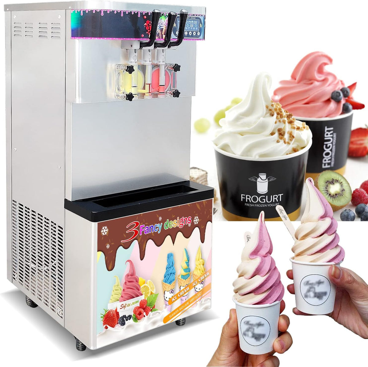 Soft Serve Ice Cream Machine Soft Serve Machine Frozen Yogurt Machine, 3 Flavors, Refrigerated