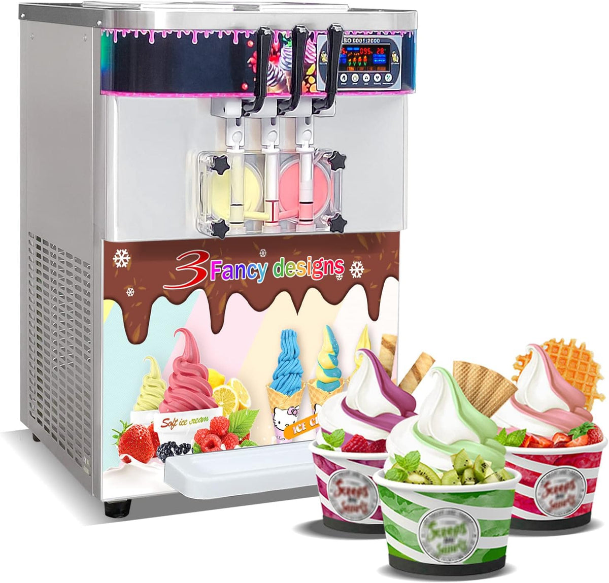 Soft Serve Ice Cream Machine Soft Serve Machine Ice Cream Machine, 3 Flavors, Countertop, Refrigerated